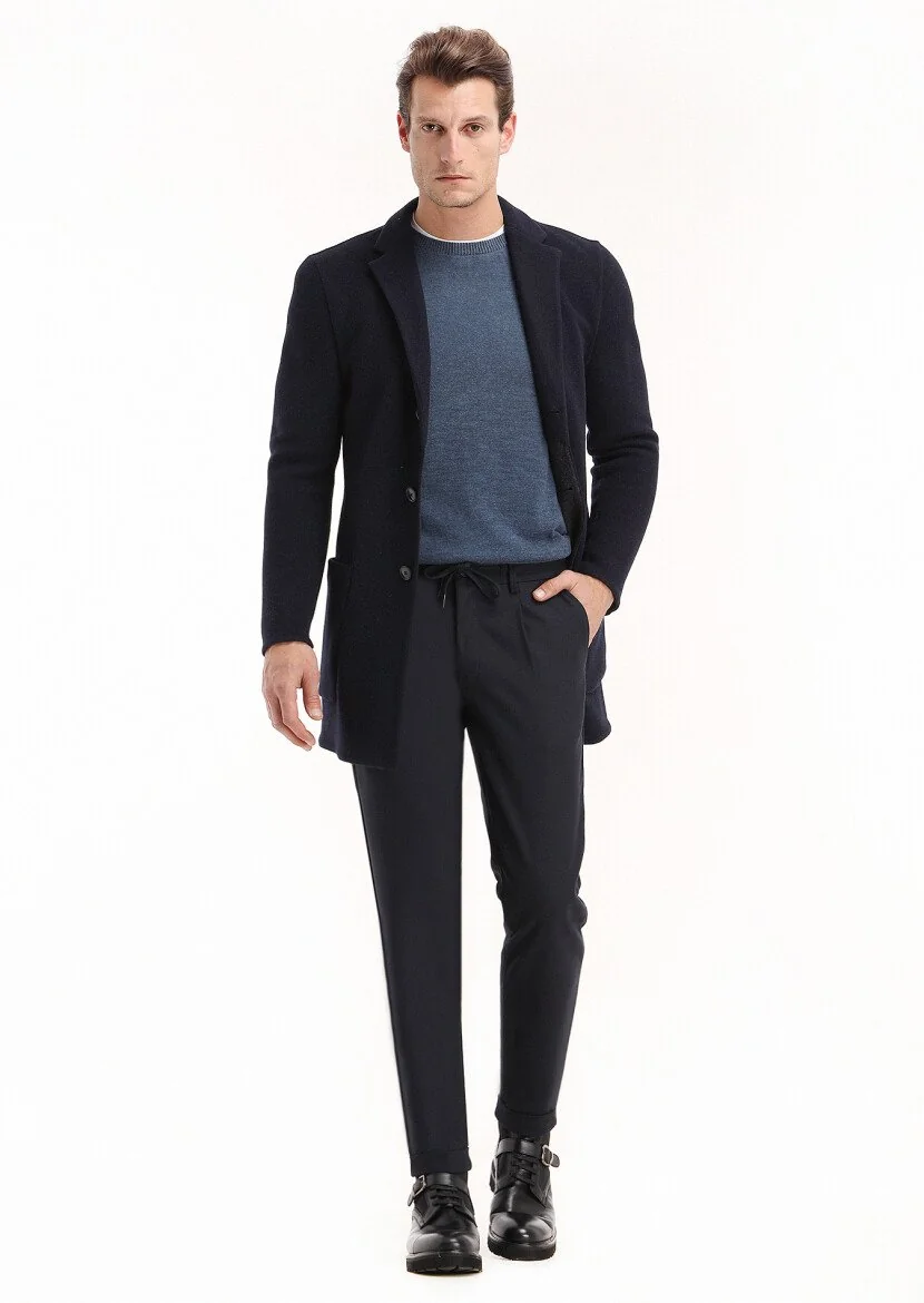 Navy Blue Knitting Overcoat - 1