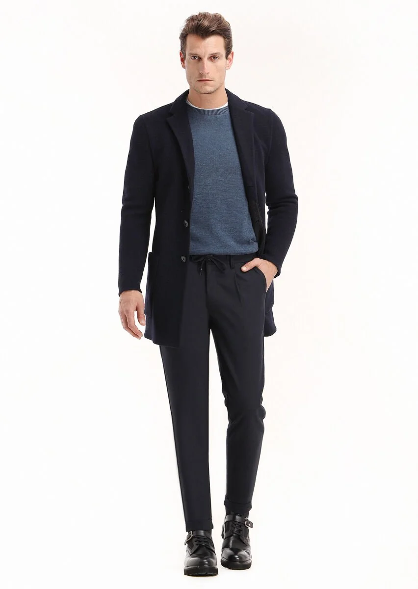 Navy Blue Knitting Overcoat - 1