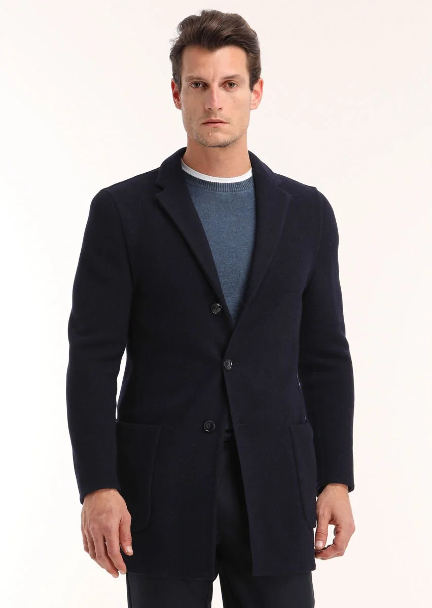 Navy Blue Knitting Overcoat - 2