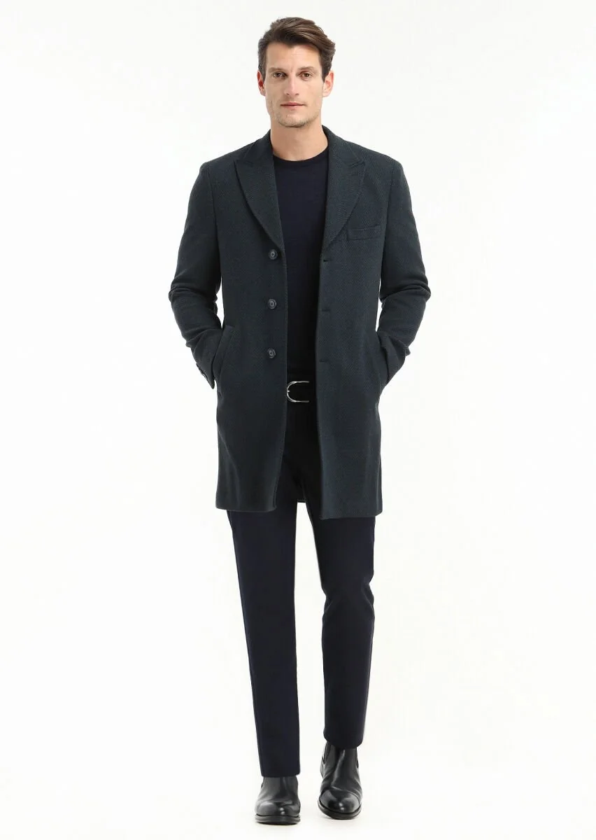 Navy Blue Knitting Overcoat - 1