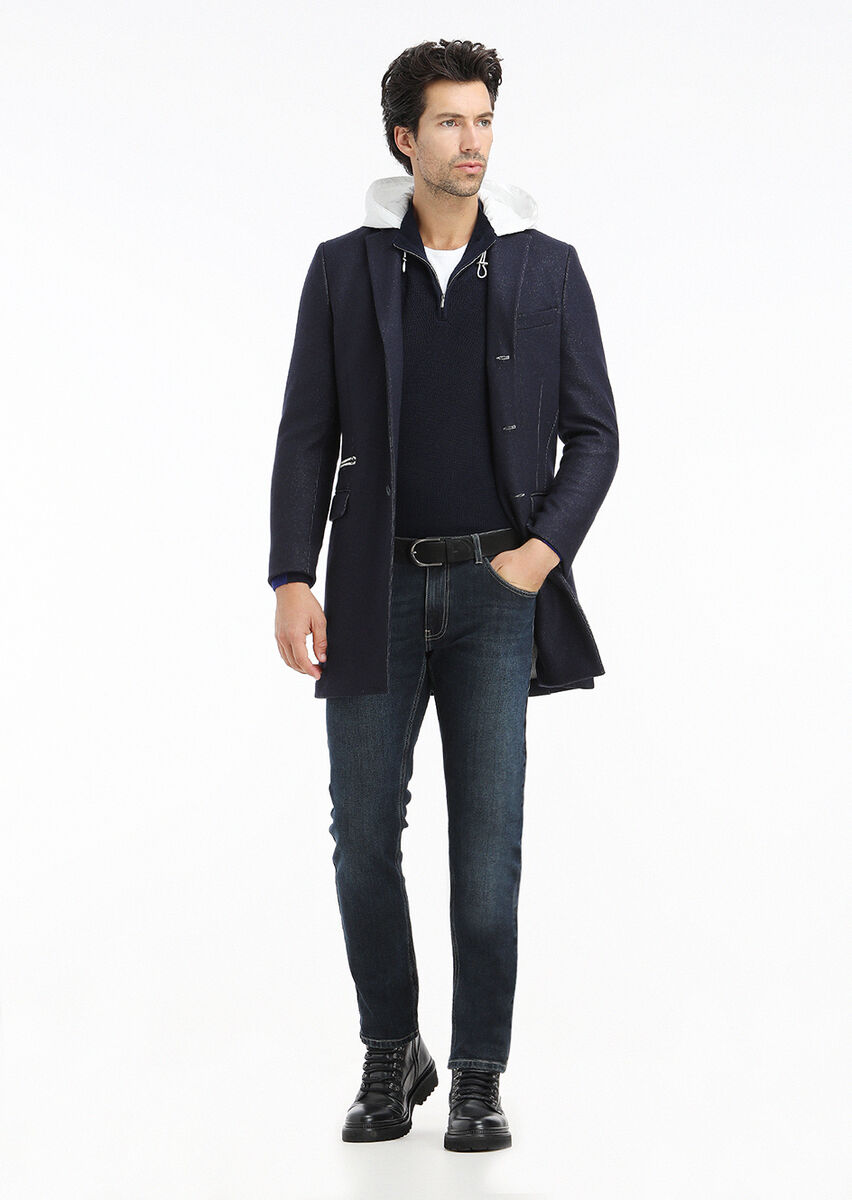 Navy Blue Knitting Overcoat - 1