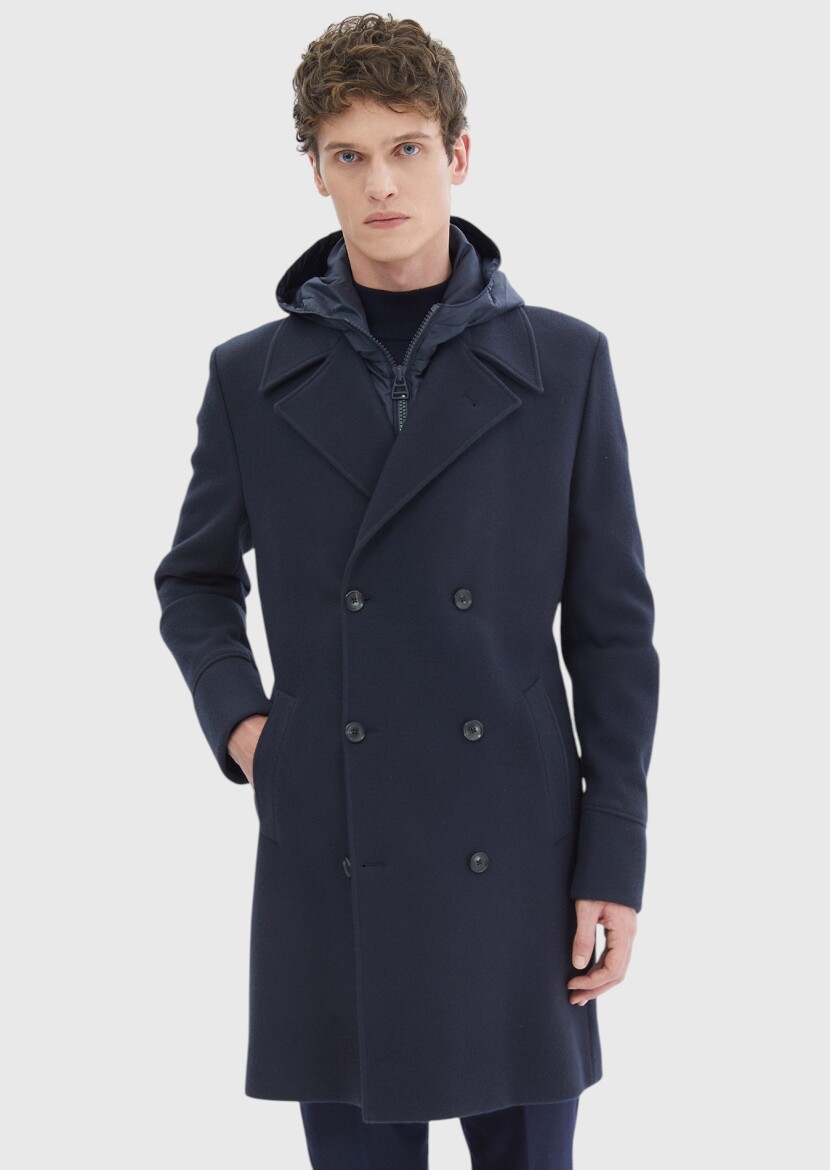 Navy Blue Knitting Overcoat - 1