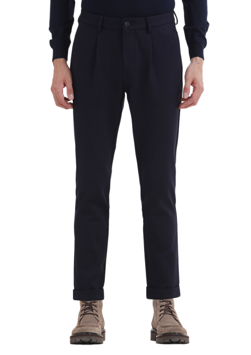 Navy Blue Knitting Regular Fit Casual Trousers 