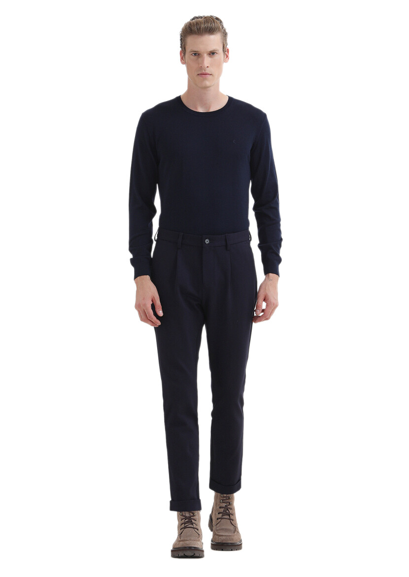 Navy Blue Knitting Regular Fit Casual Trousers 