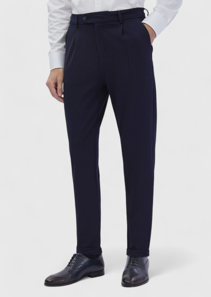 Navy Blue Knitting Regular Fit Casual Trousers - 2