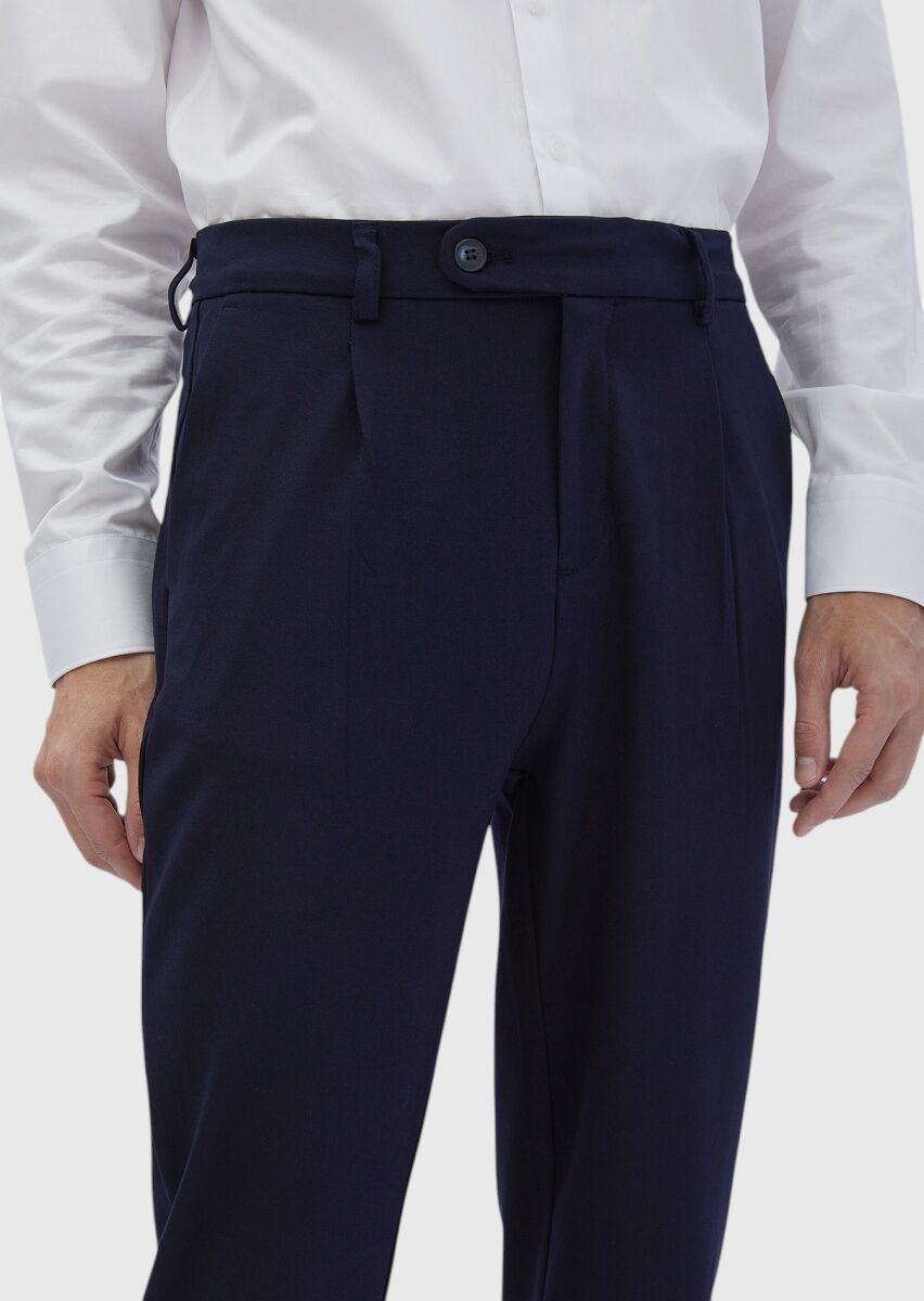 Navy Blue Knitting Regular Fit Casual Trousers - 4