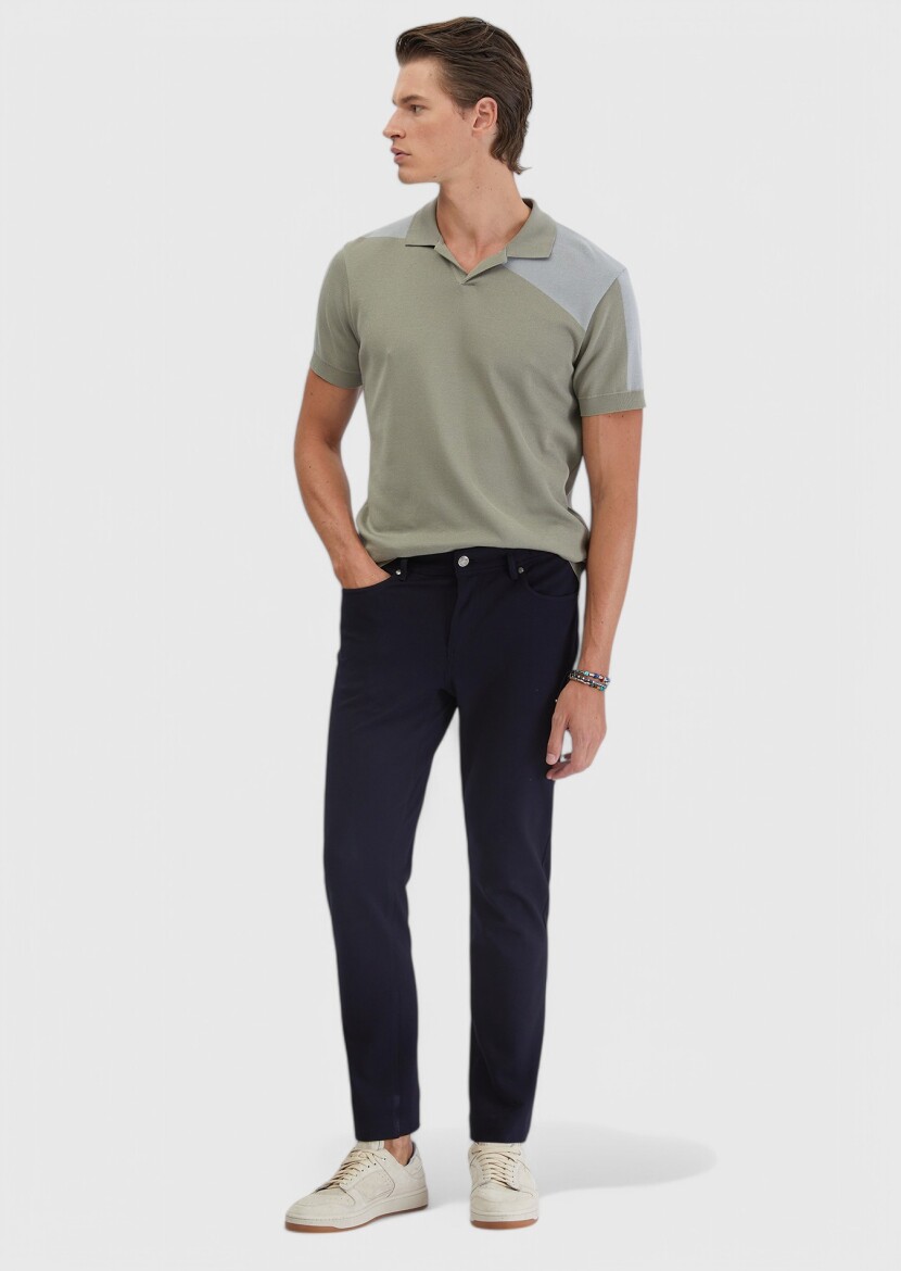 Navy Blue Knitting Slim Fit Casual Trousers - RAMSEY