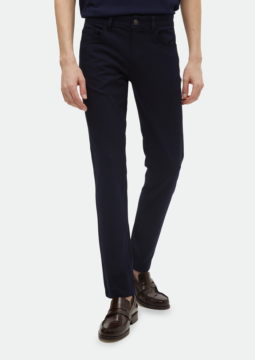 Navy Blue Knitting Slim Fit Casual Trousers - 3