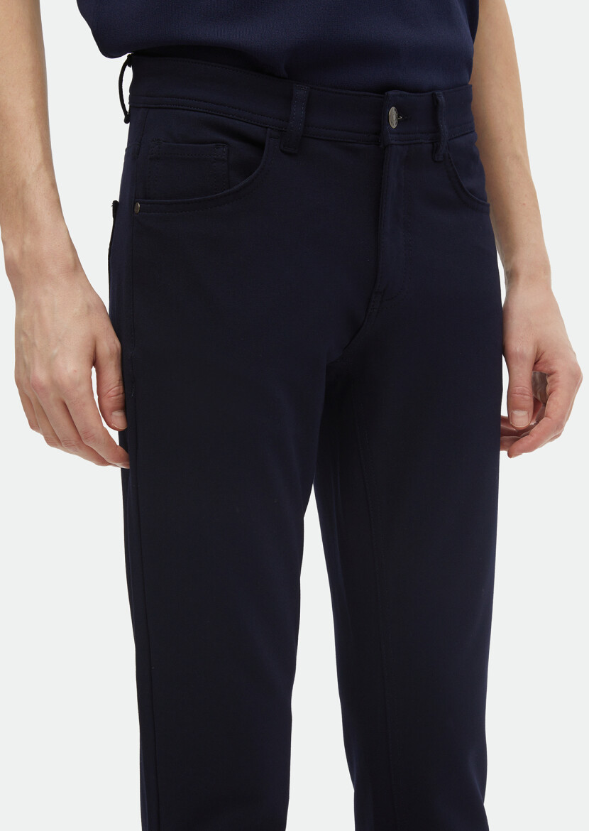 Navy Blue Knitting Slim Fit Casual Trousers - 4