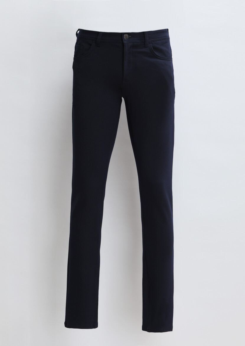 Navy Blue Knitting Slim Fit Casual Trousers - 7