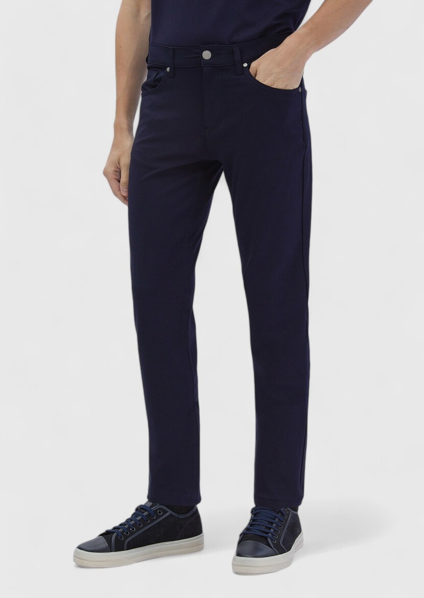 Navy Blue Knitting Slim Fit Casual Trousers - 3