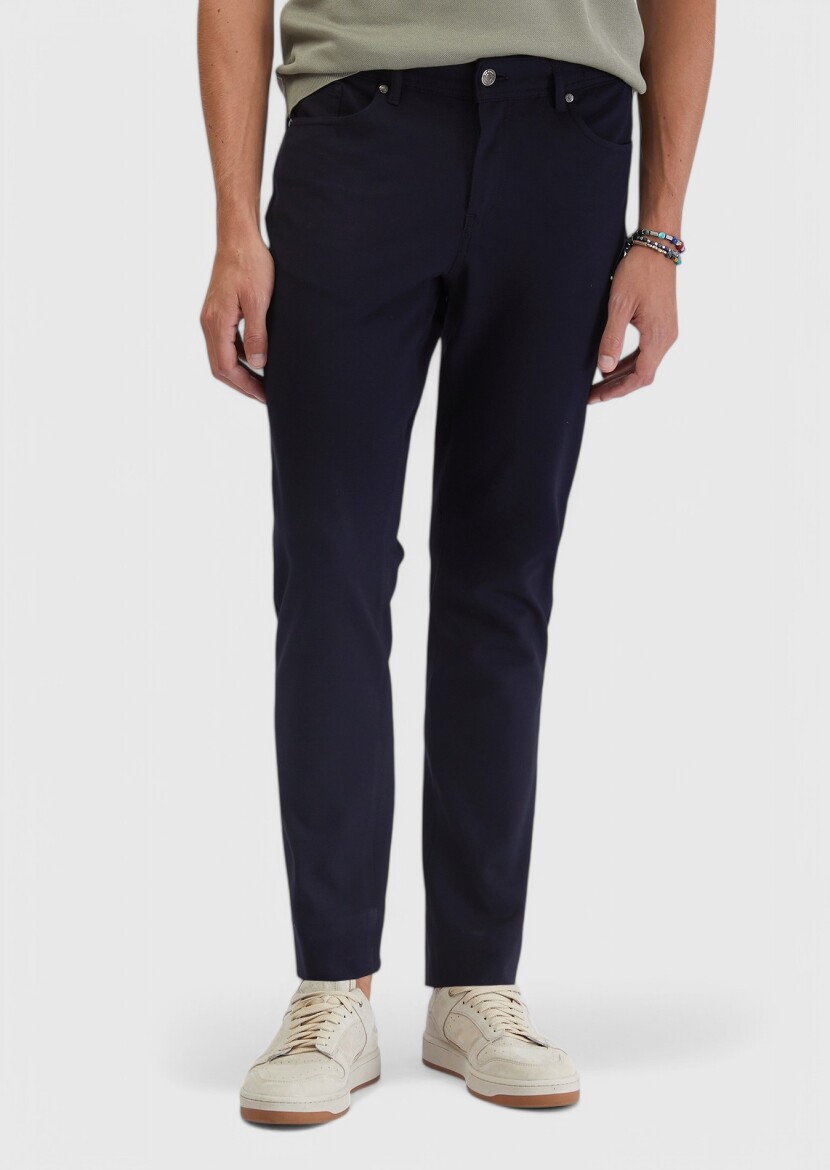 Navy Blue Knitting Slim Fit Casual Trousers - 2