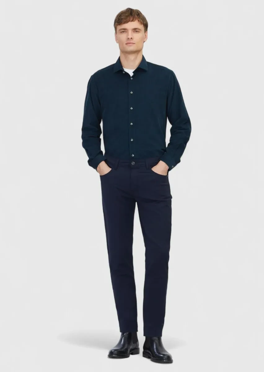Navy Blue Knitting Slim Fit Casual Trousers - 1