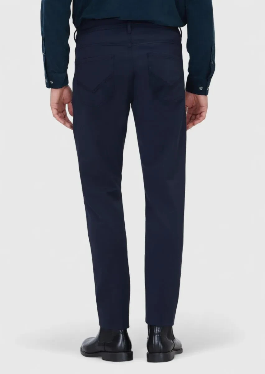 Navy Blue Knitting Slim Fit Casual Trousers - 5