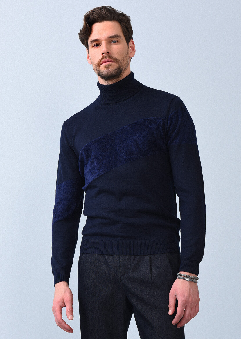 Navy Blue Knitwear Sweatshirt - 1