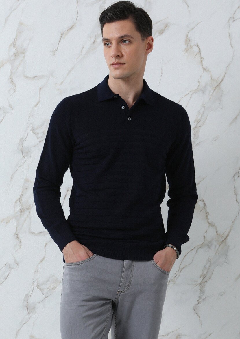 Navy Blue Knitwear Sweatshirt - 1