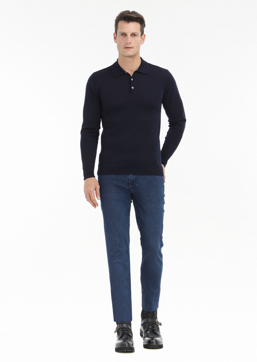 Navy Blue Knitwear Sweatshirt - 1