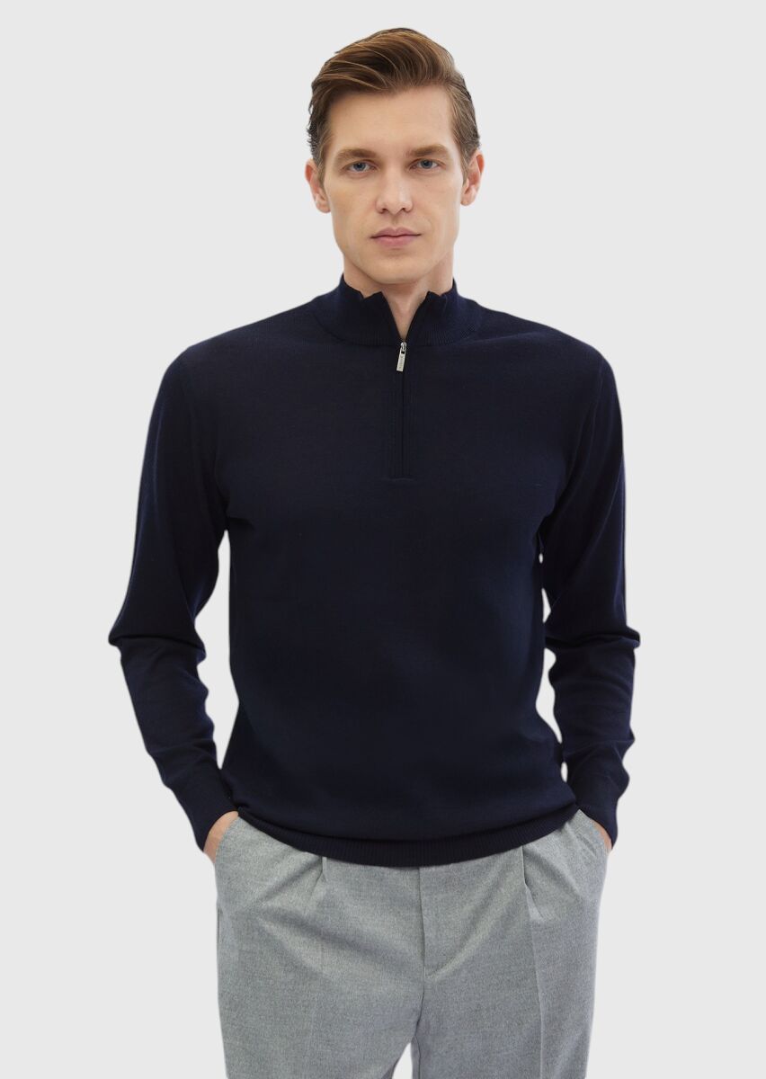 Navy Blue Knitwear Sweatshirt - 1