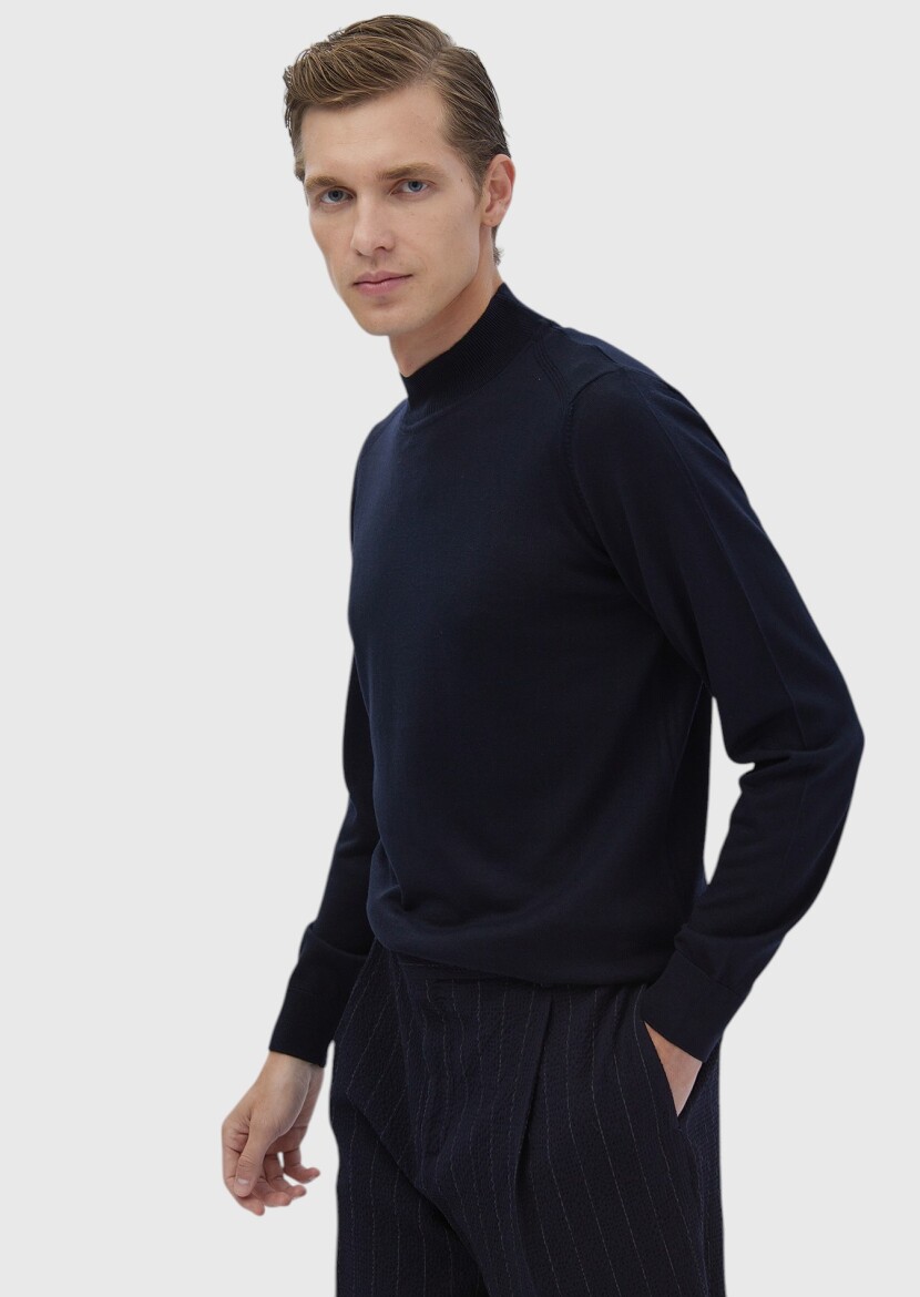 Navy Blue Knitwear Sweatshirt - 1