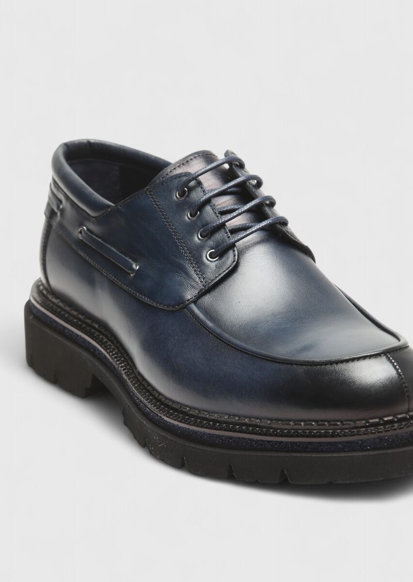 Navy Blue Leather Casual Shoes - 2