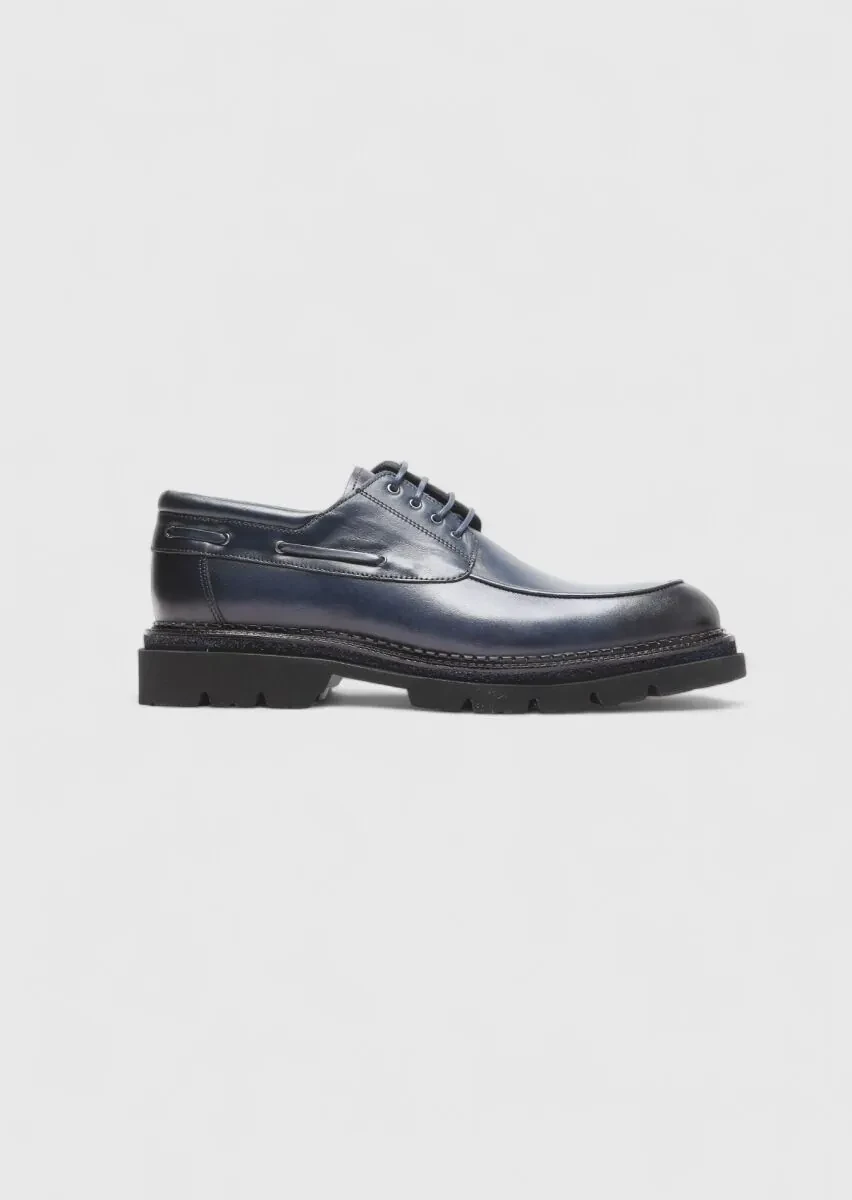 Navy Blue Leather Casual Shoes - 1