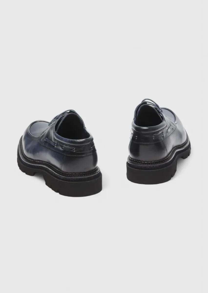 Navy Blue Leather Casual Shoes - 5