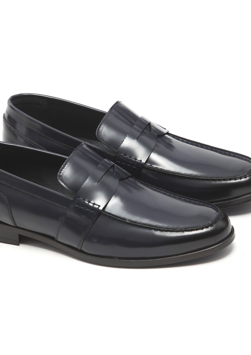 Navy Blue Leather Classical Loafer - 3
