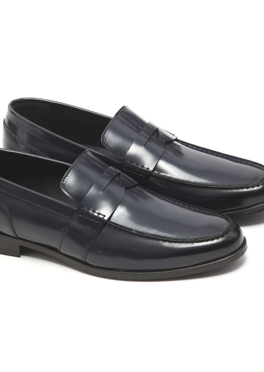 Navy Blue Leather Classical Loafer - 3