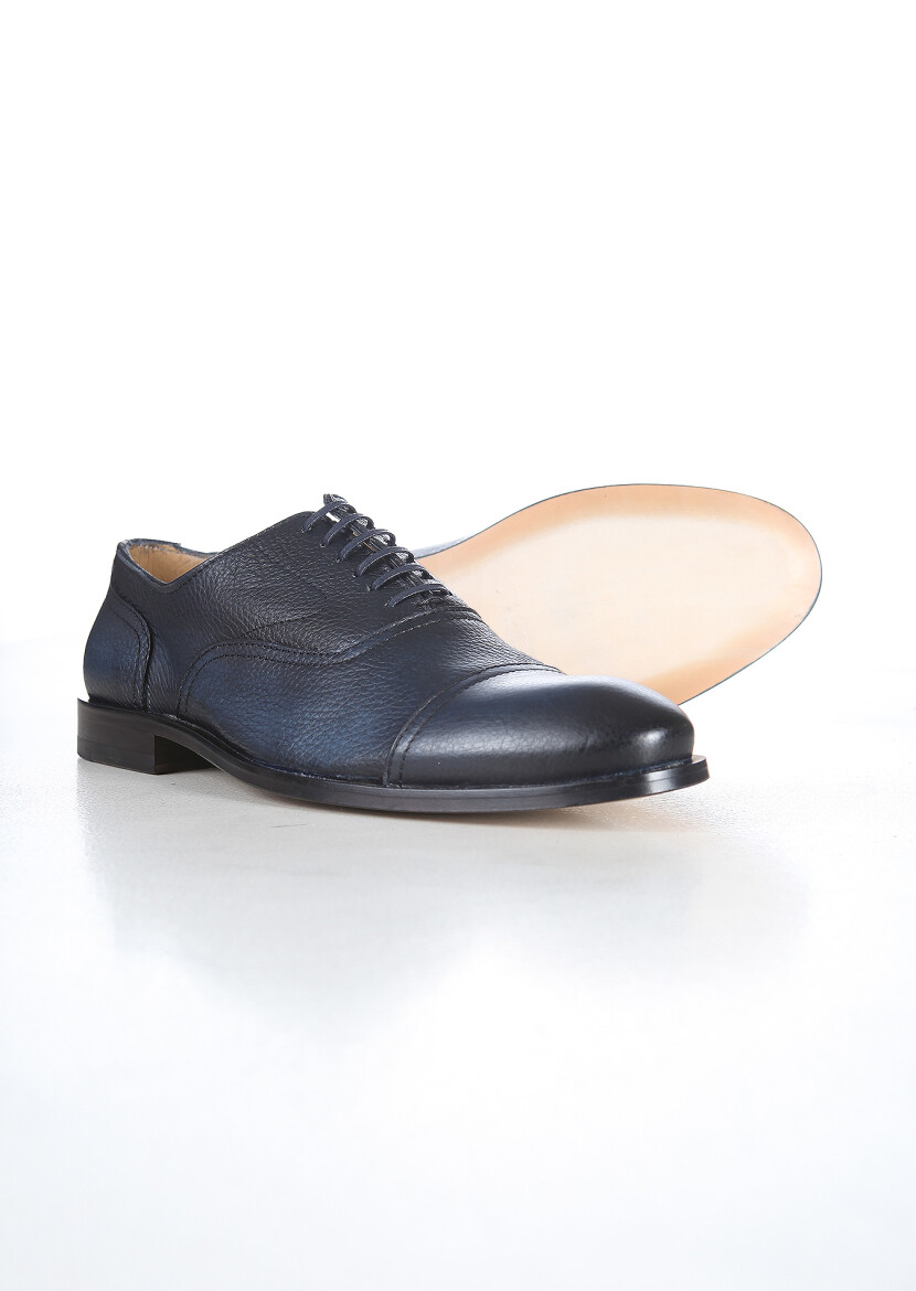 Navy Blue Leather Classical Shoes - 3