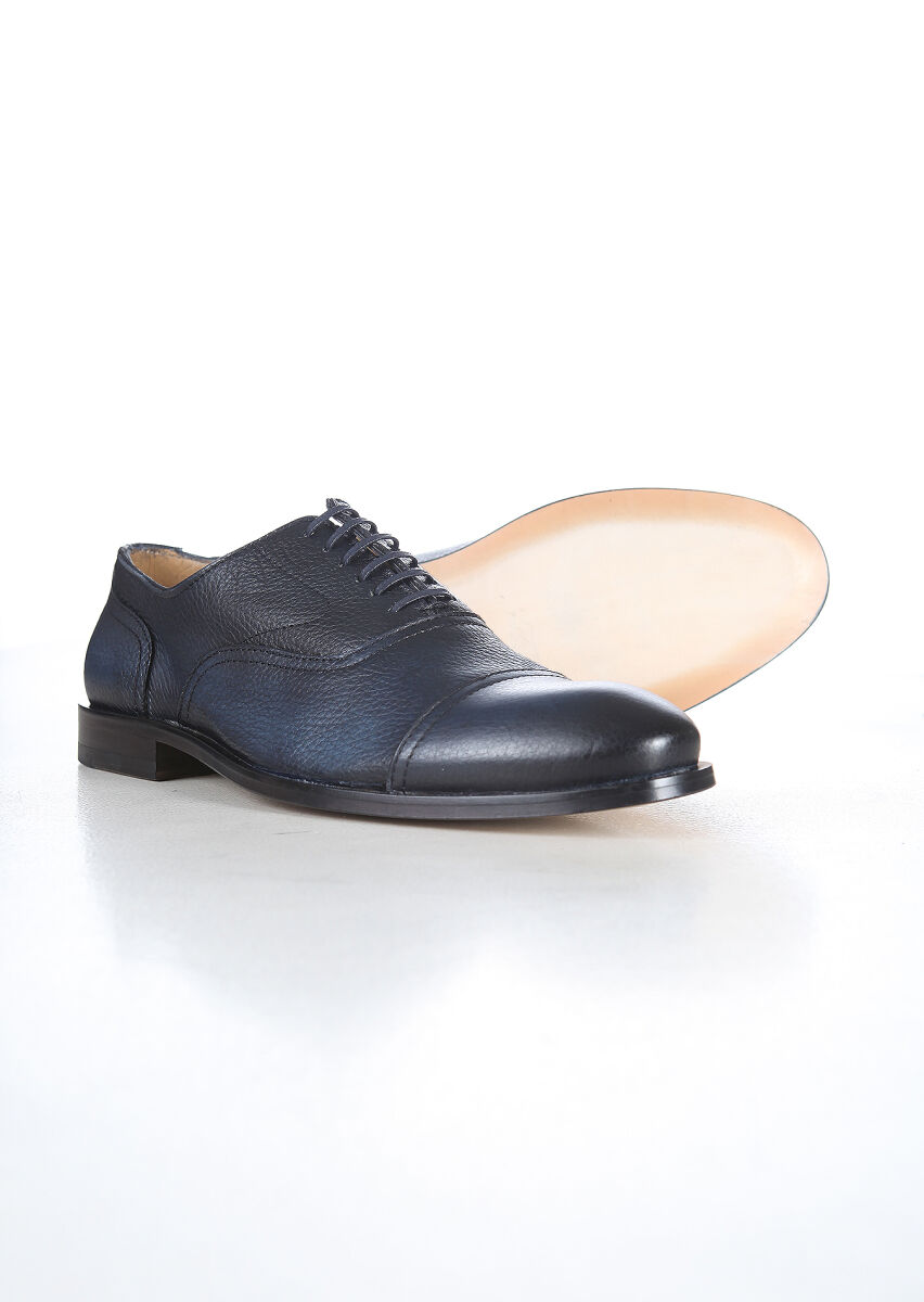 Navy Blue Leather Classical Shoes - 3