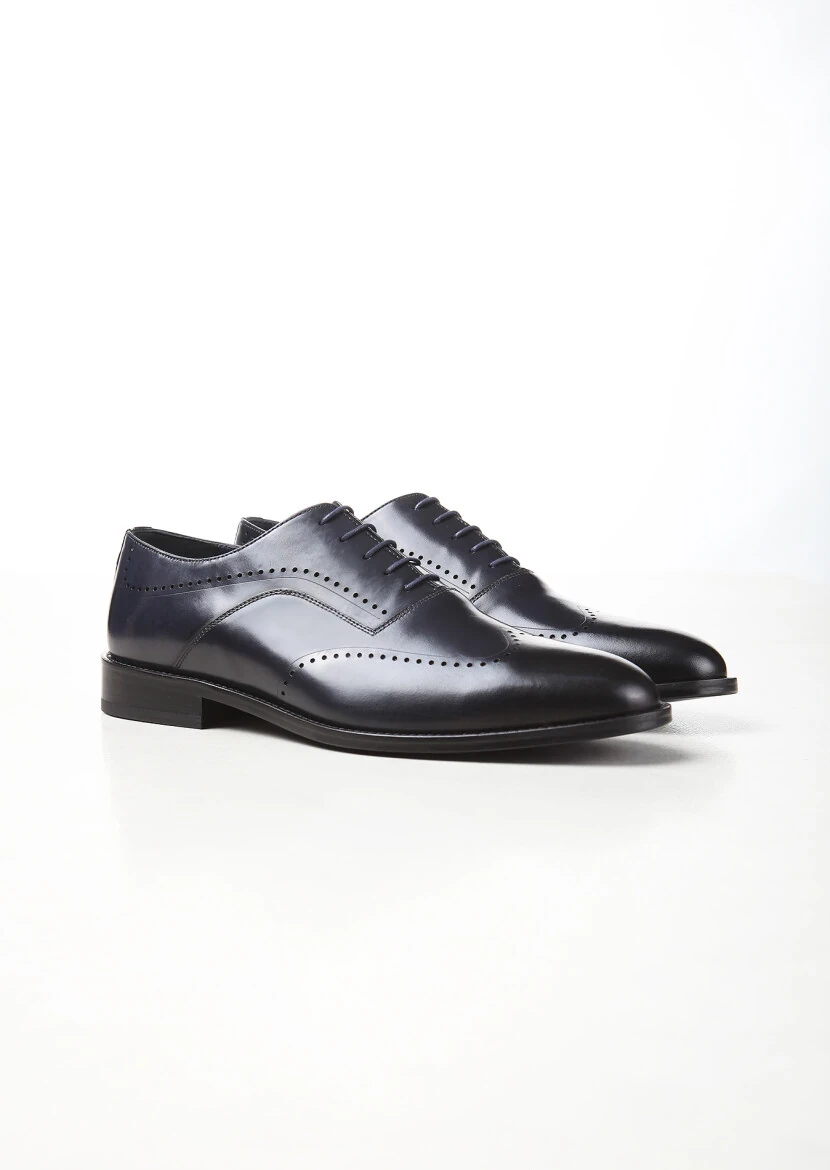 Navy Blue Leather Classical Shoes - 2