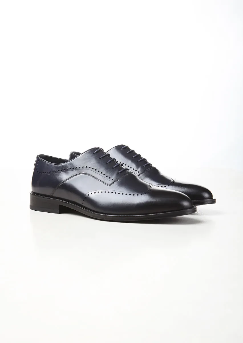Navy Blue Leather Classical Shoes - 2