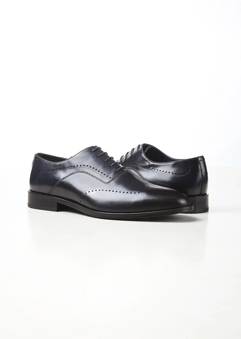 Navy Blue Leather Classical Shoes - 3