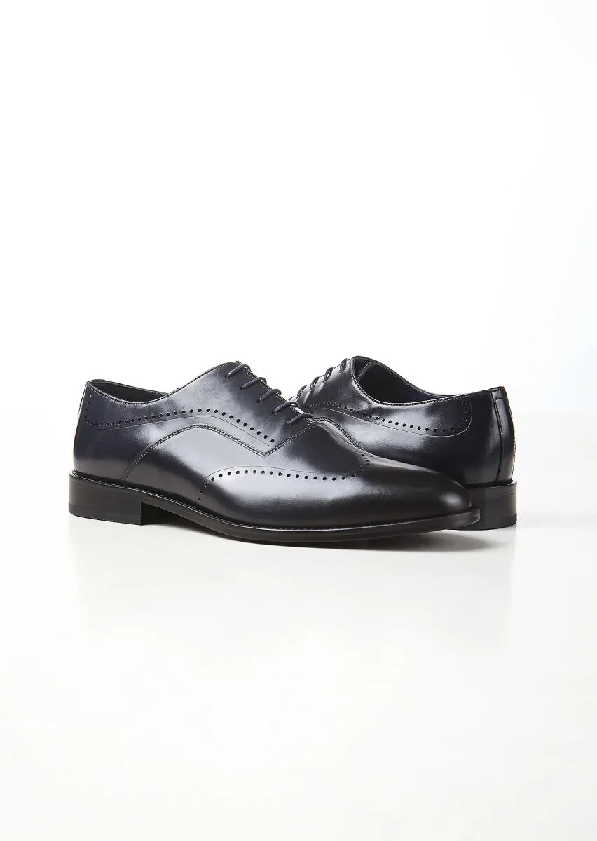 Navy Blue Leather Classical Shoes - 3