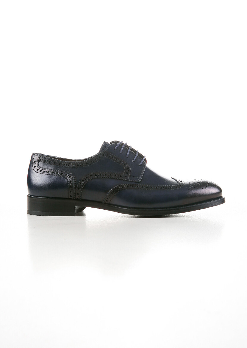 Navy Blue Leather Classical Shoes - 1