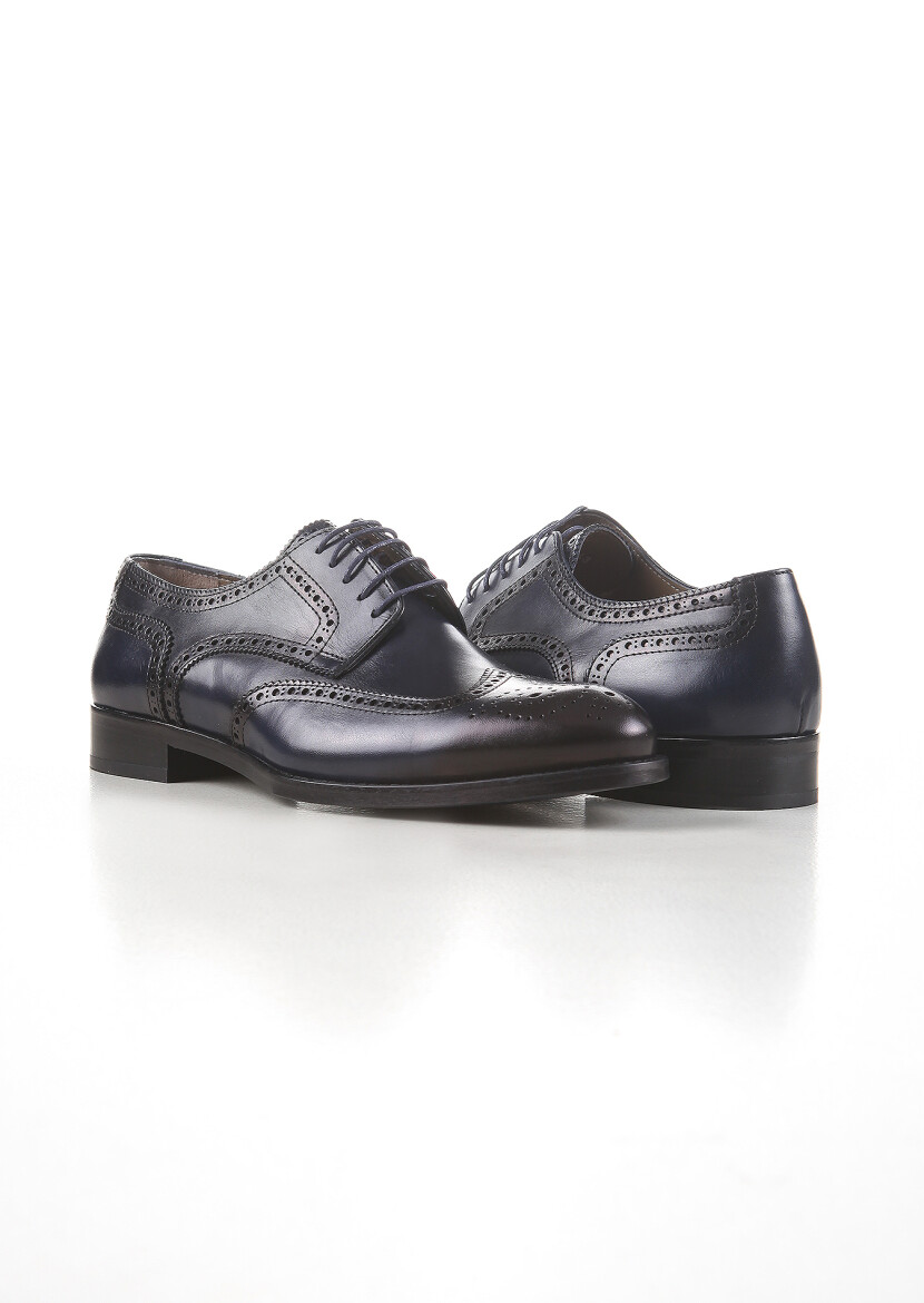 Navy Blue Leather Classical Shoes - 3