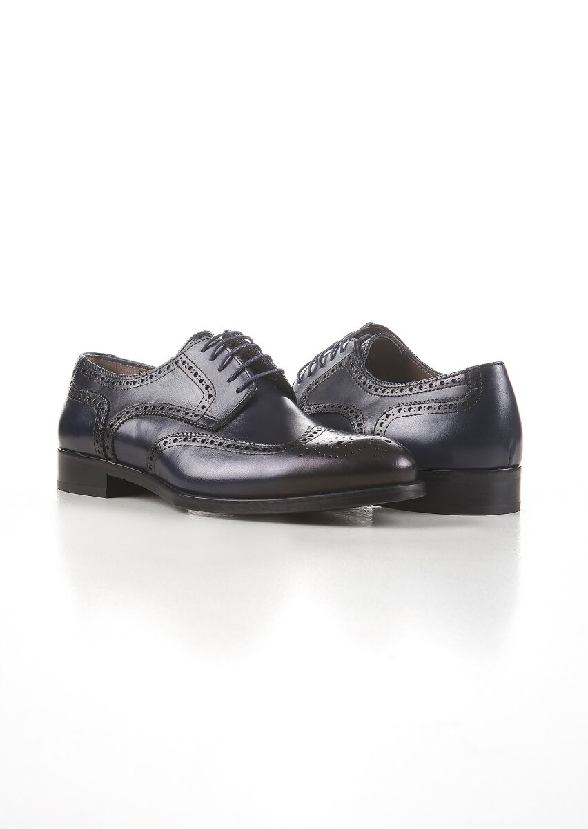 Navy Blue Leather Classical Shoes - 3