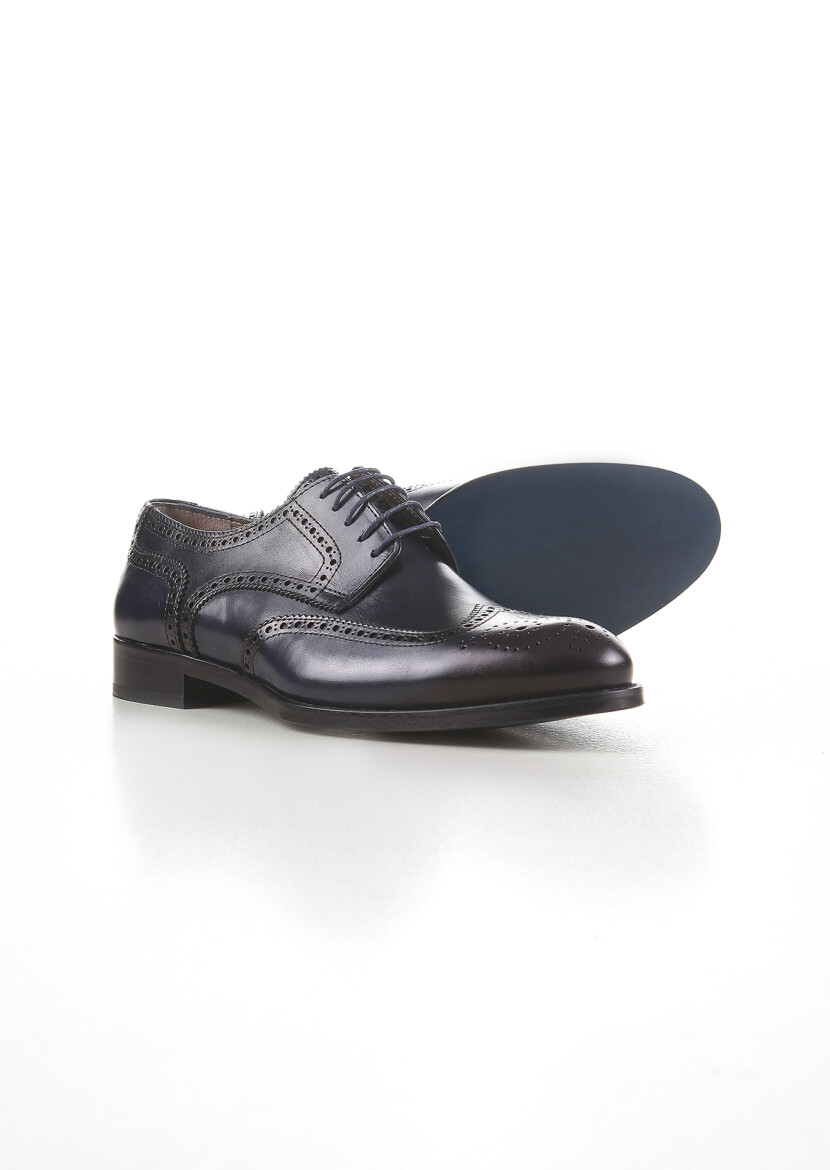 Navy Blue Leather Classical Shoes - 4