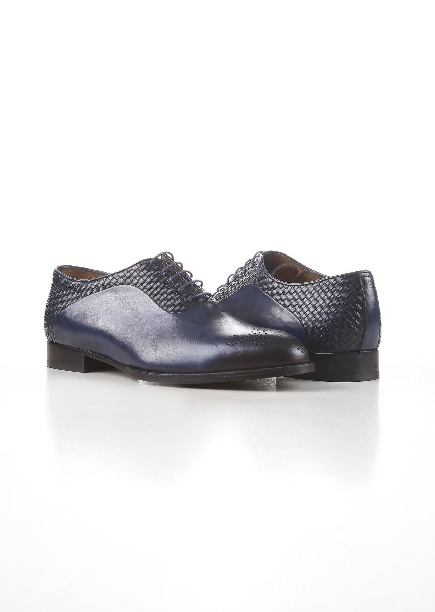 Navy Blue Leather Classical Shoes - 3
