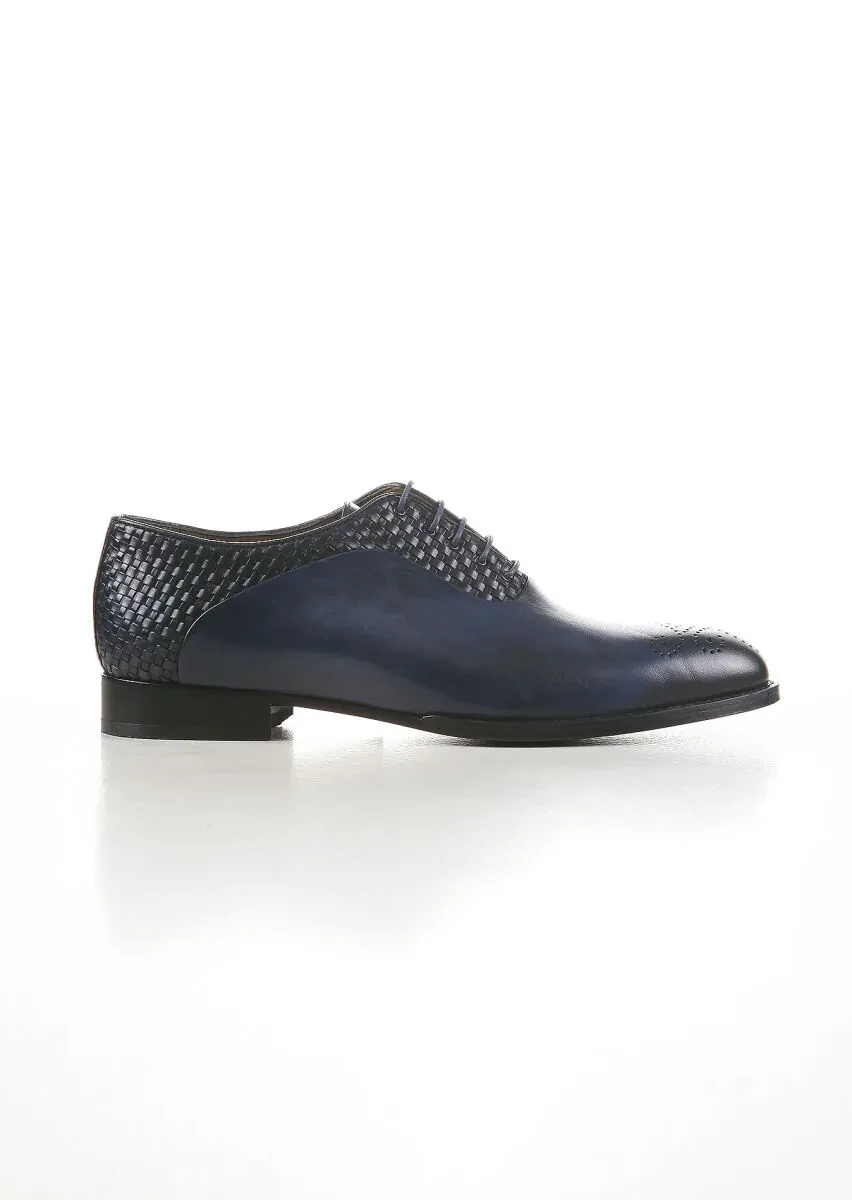 Navy Blue Leather Classical Shoes - 1