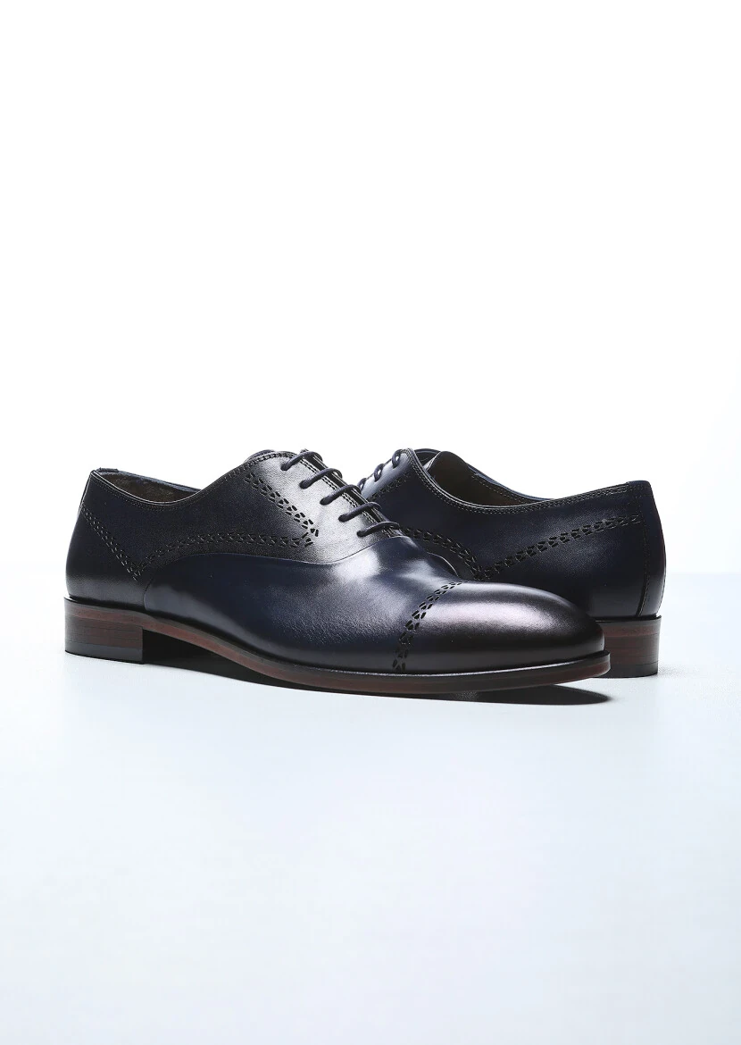 Navy Blue Leather Classical Shoes - 3