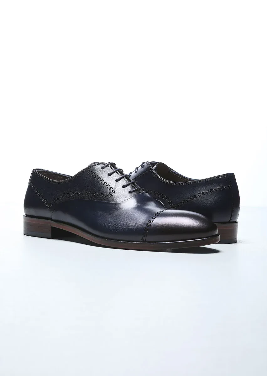 Navy Blue Leather Classical Shoes - 3