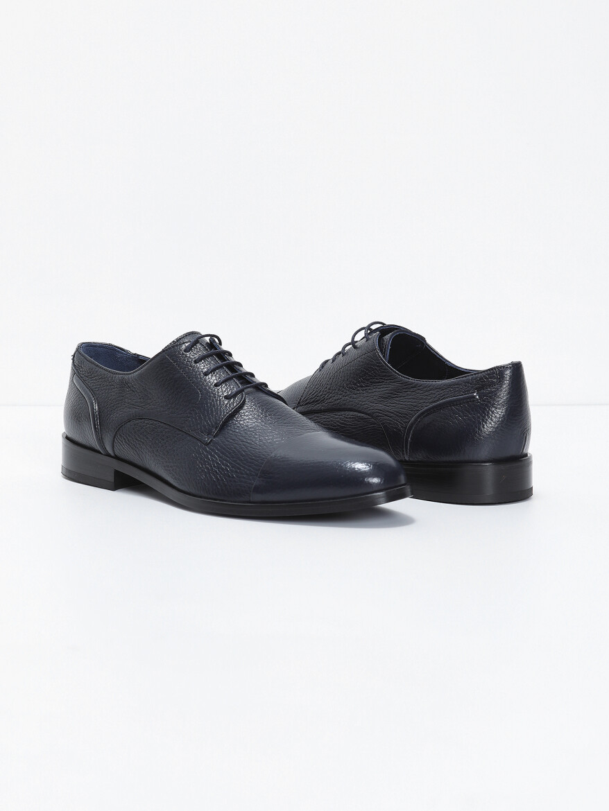 Navy Blue Leather Classical Shoes - 3