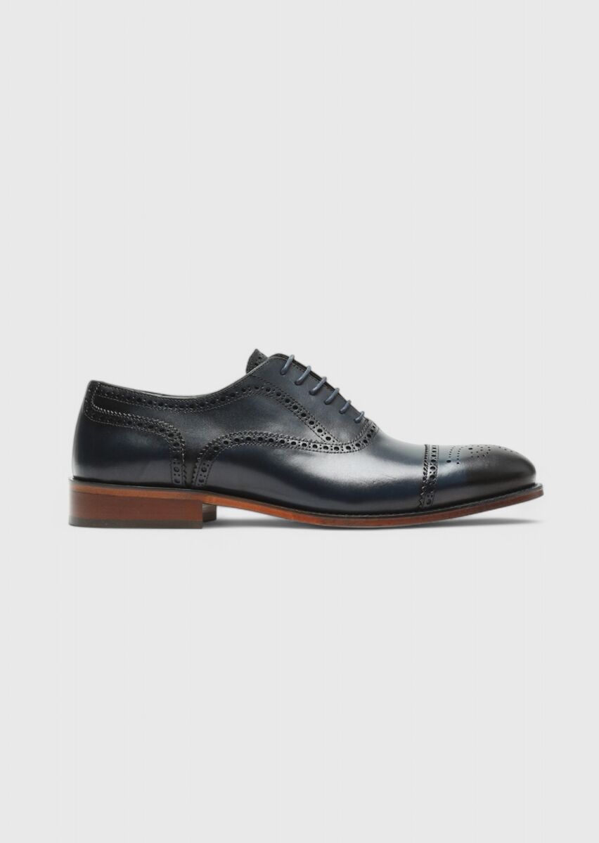 Navy Blue Leather Classical Shoes - 1