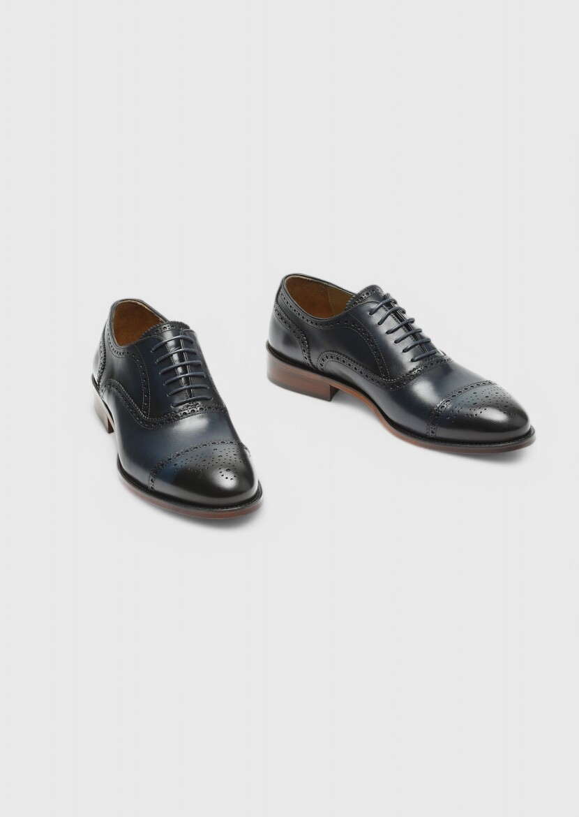 Navy Blue Leather Classical Shoes - 3