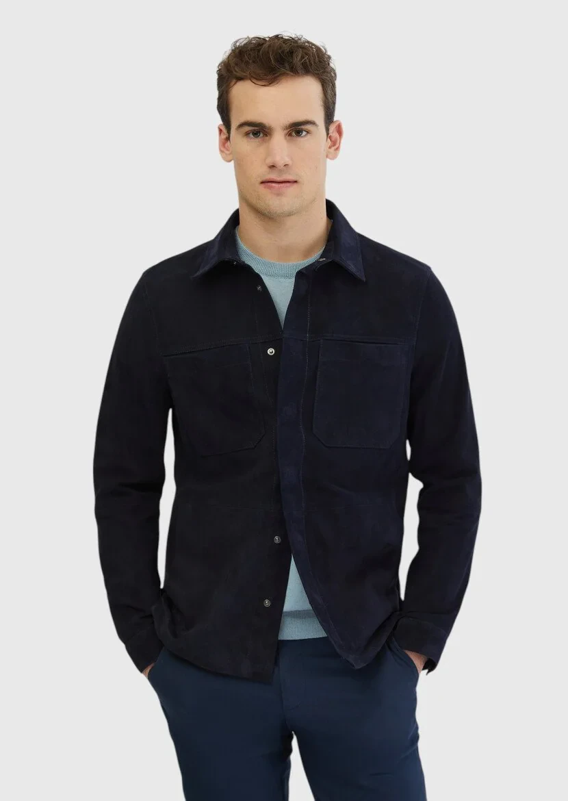 Navy Blue Leather Coat - 1