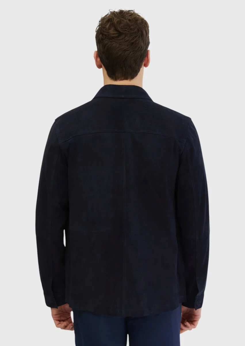 Navy Blue Leather Coat - 5