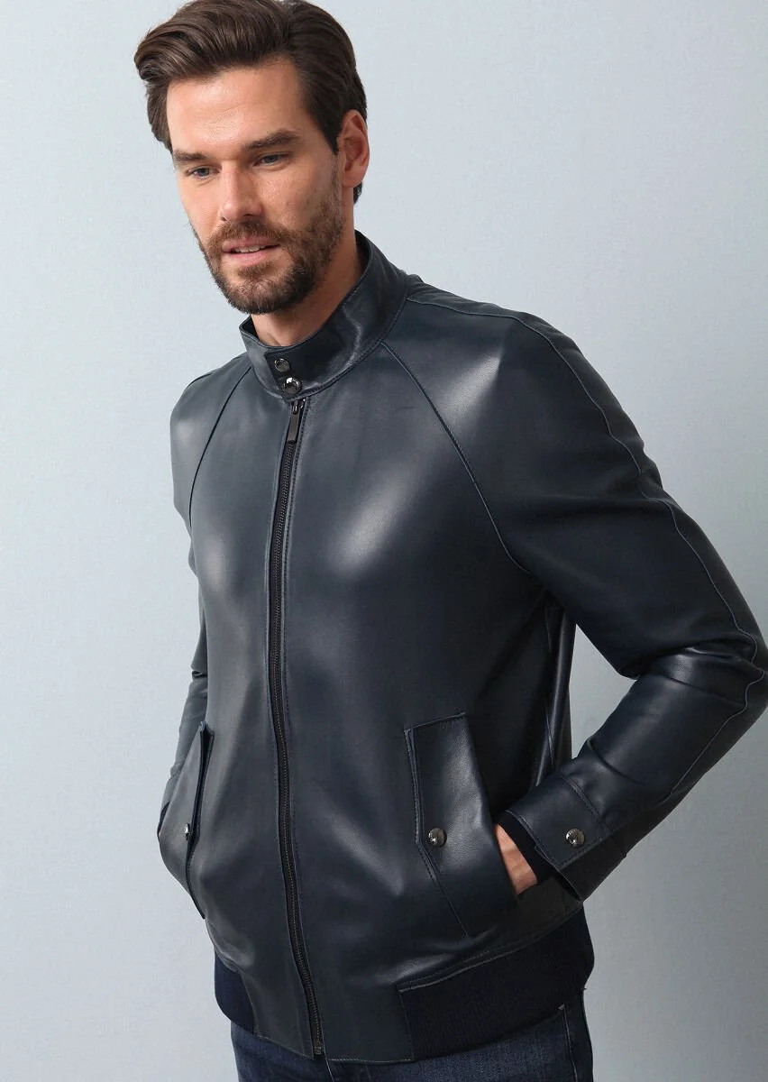 Navy Blue Leather Leather Coat - 1