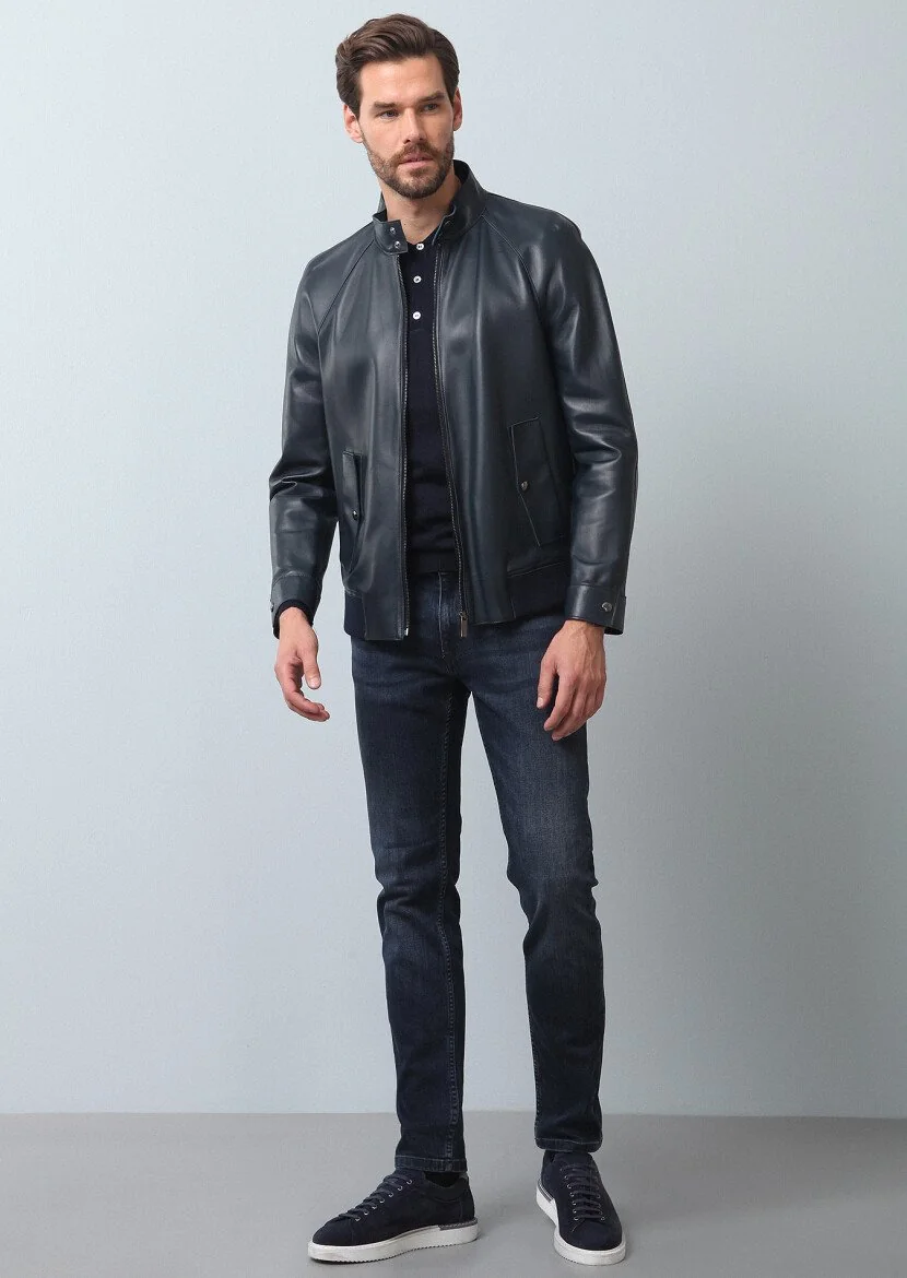 Navy Blue Leather Leather Coat - 2