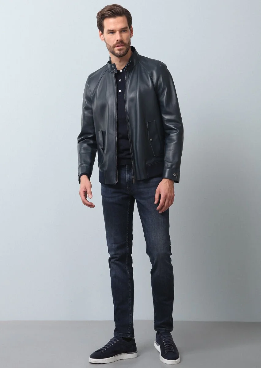 Navy Blue Leather Leather Coat - 2